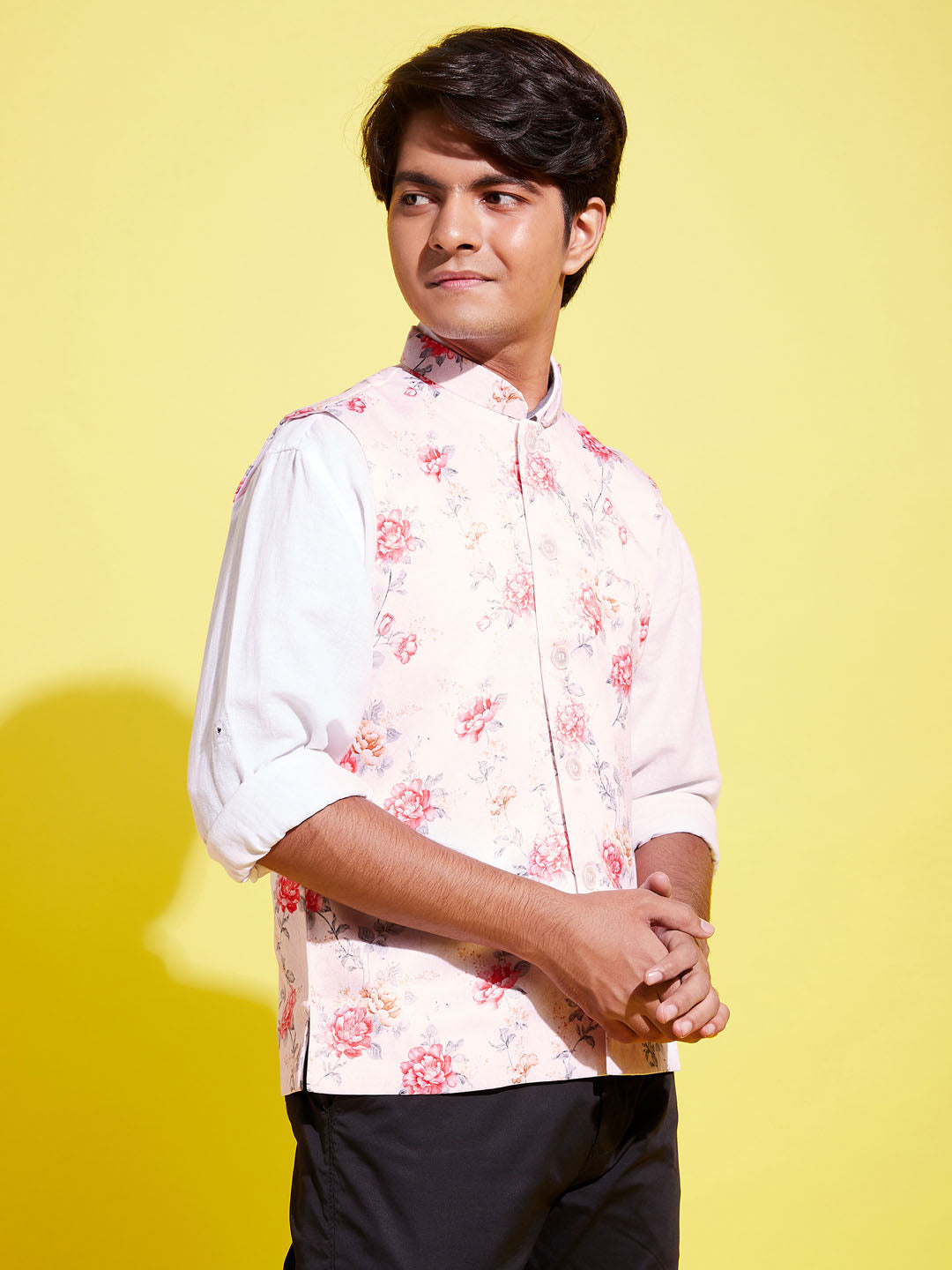 Boy's Multicolor-Base-Peach Floral Printed Nehru Jacket