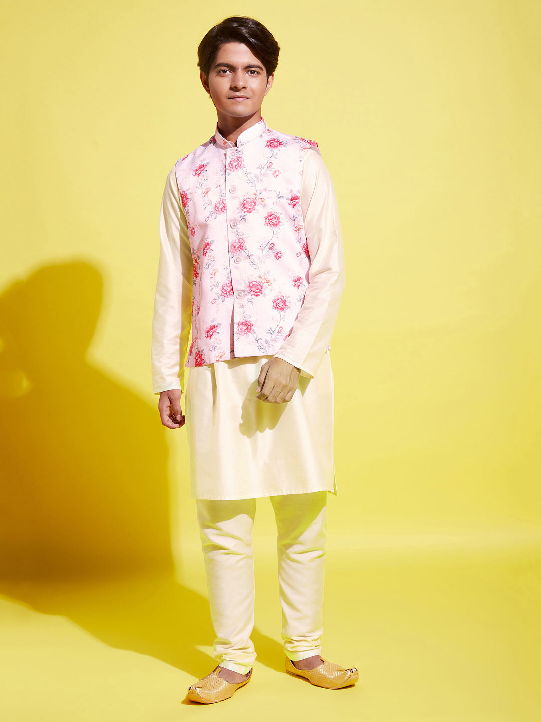 Boy's Peach Floral Printed Nehru Jacket With Cream Kurta And Pyjama Set