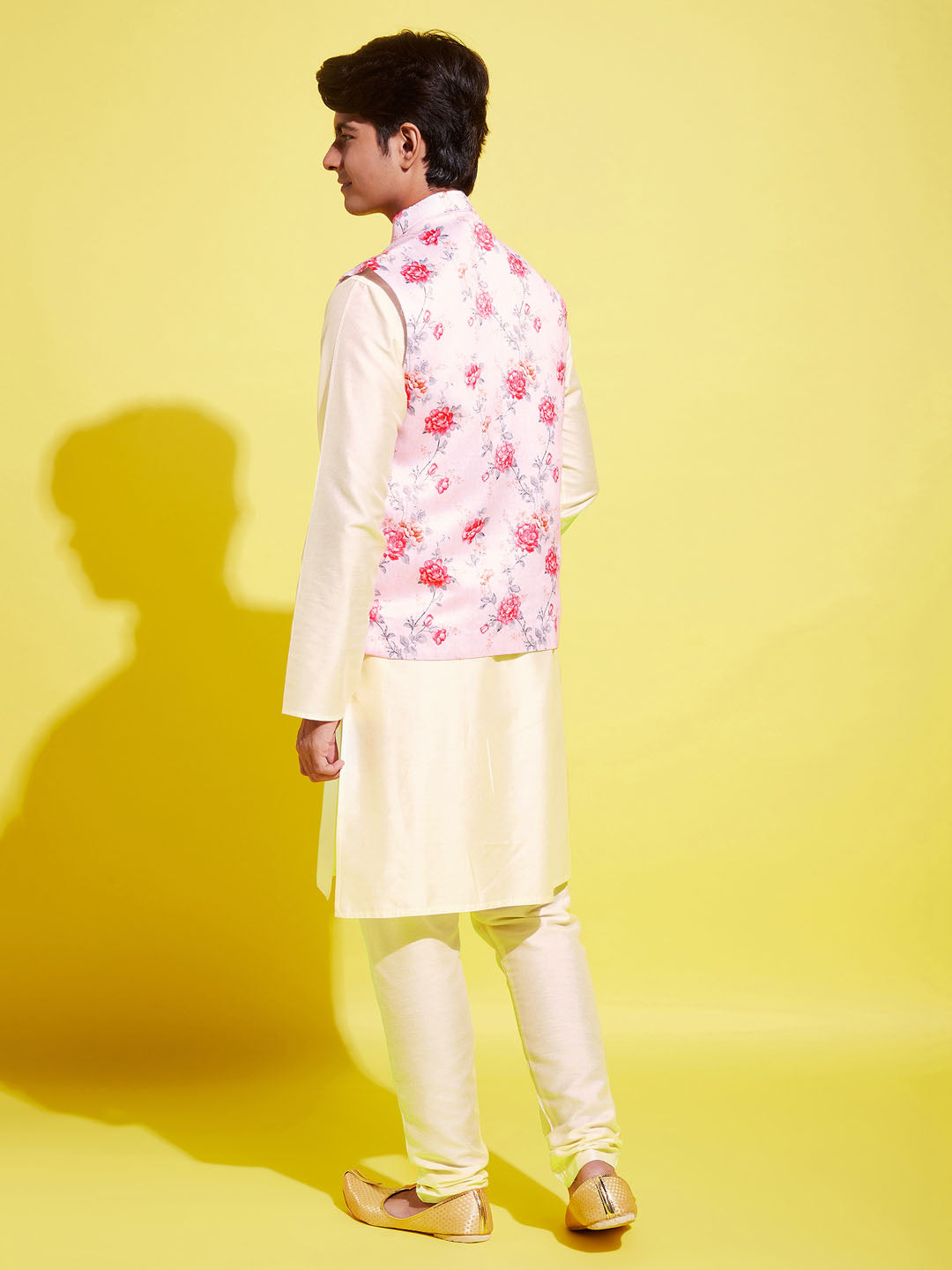 Boy's Peach Floral Printed Nehru Jacket With Cream Kurta And Pyjama Set