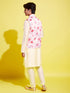 Boy's Peach Floral Printed Nehru Jacket With Cream Kurta And Pyjama Set