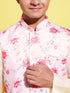 Boy's Peach Floral Printed Nehru Jacket With Cream Kurta And Pyjama Set