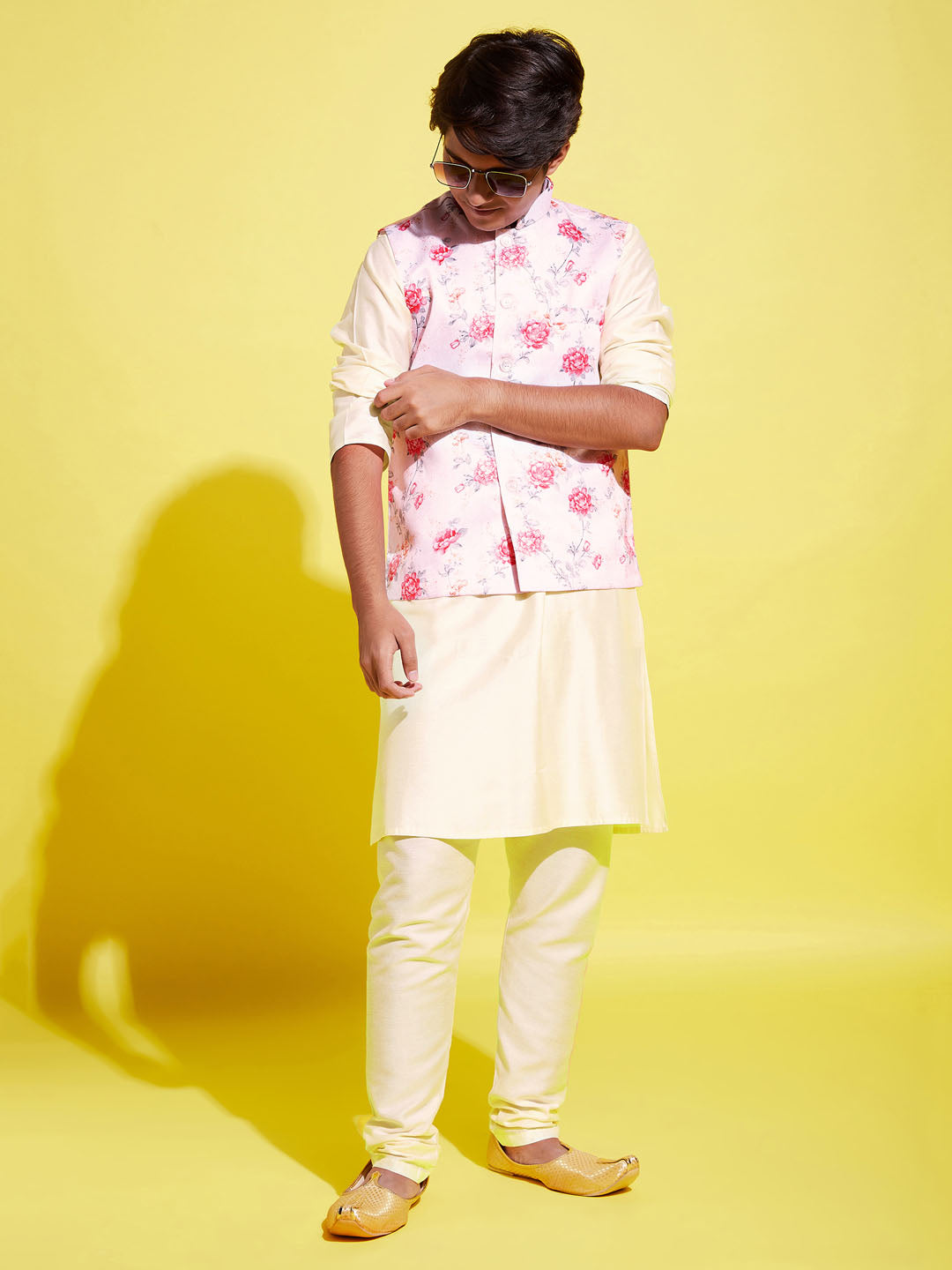 Boy's Peach Floral Printed Nehru Jacket With Cream Kurta And Pyjama Set