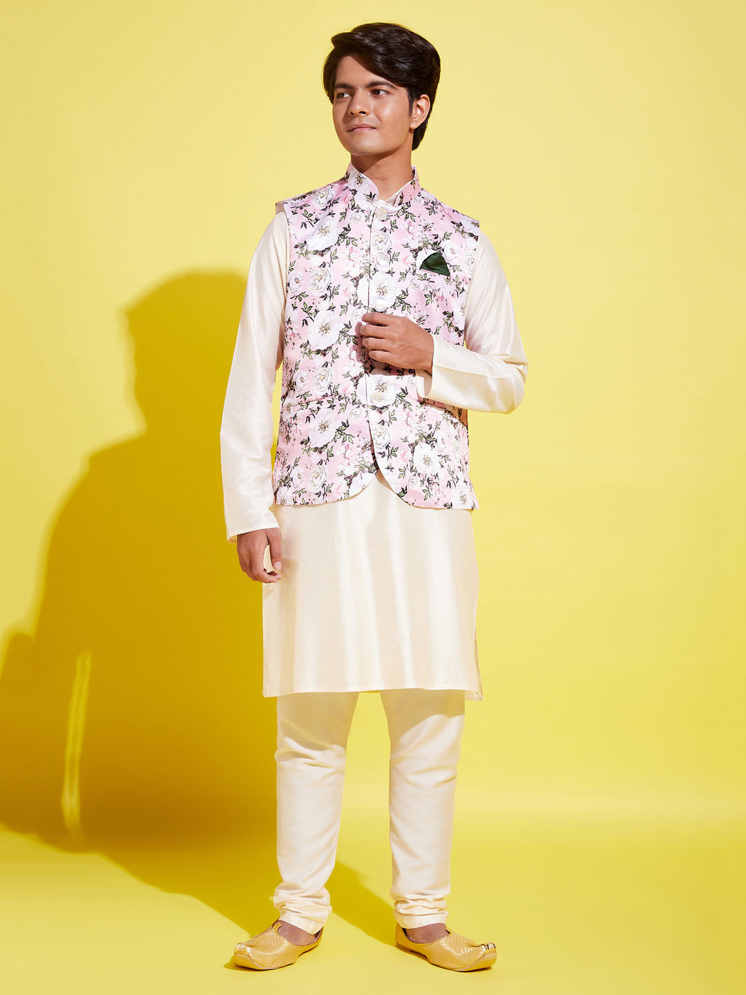 Boy's Pink Floral Printed Nehru Jacket With Cream Kurta And Pyjama Set