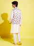 Boy's Pink Floral Printed Nehru Jacket With Cream Kurta And Pyjama Set