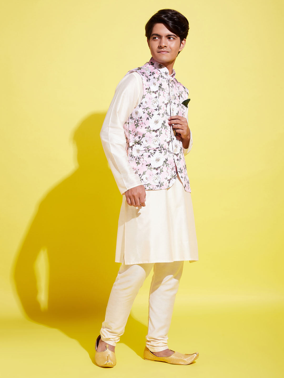Boy's Pink Floral Printed Nehru Jacket With Cream Kurta And Pyjama Set