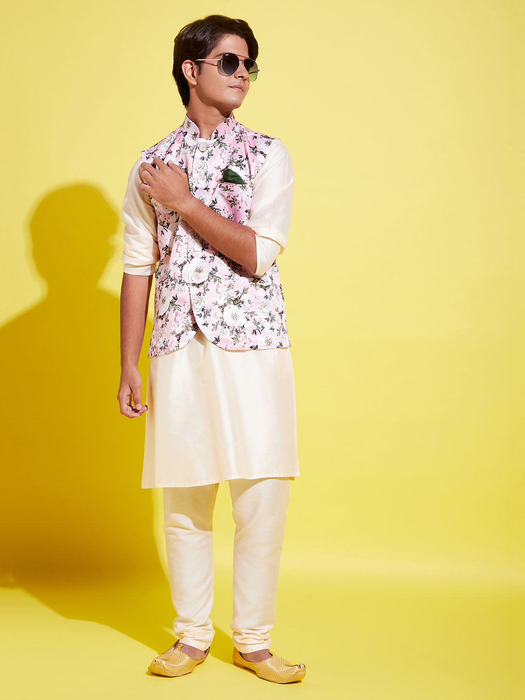 Boy's Pink Floral Printed Nehru Jacket With Cream Kurta And Pyjama Set