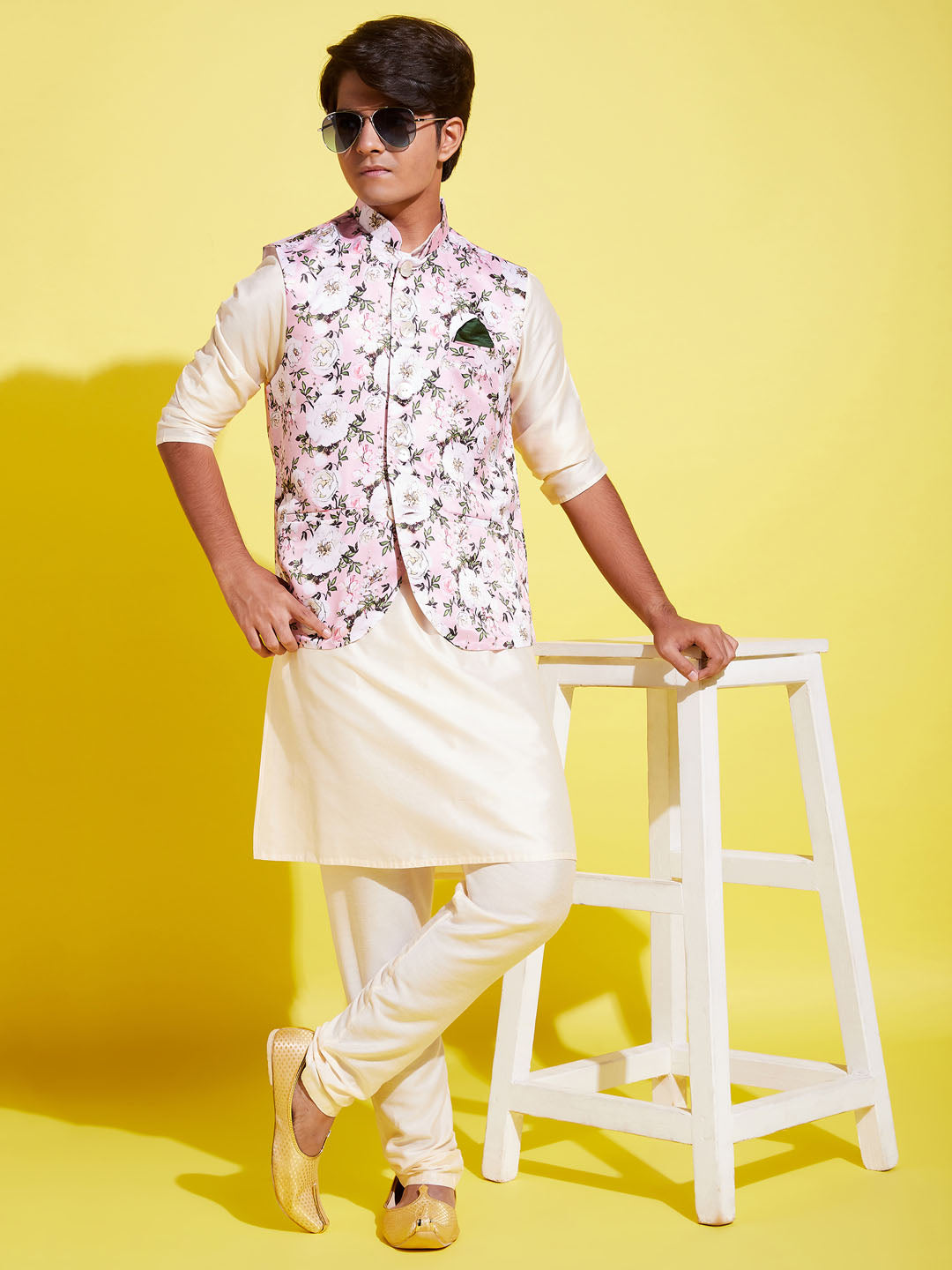 Boy's Pink Floral Printed Nehru Jacket With Cream Kurta And Pyjama Set