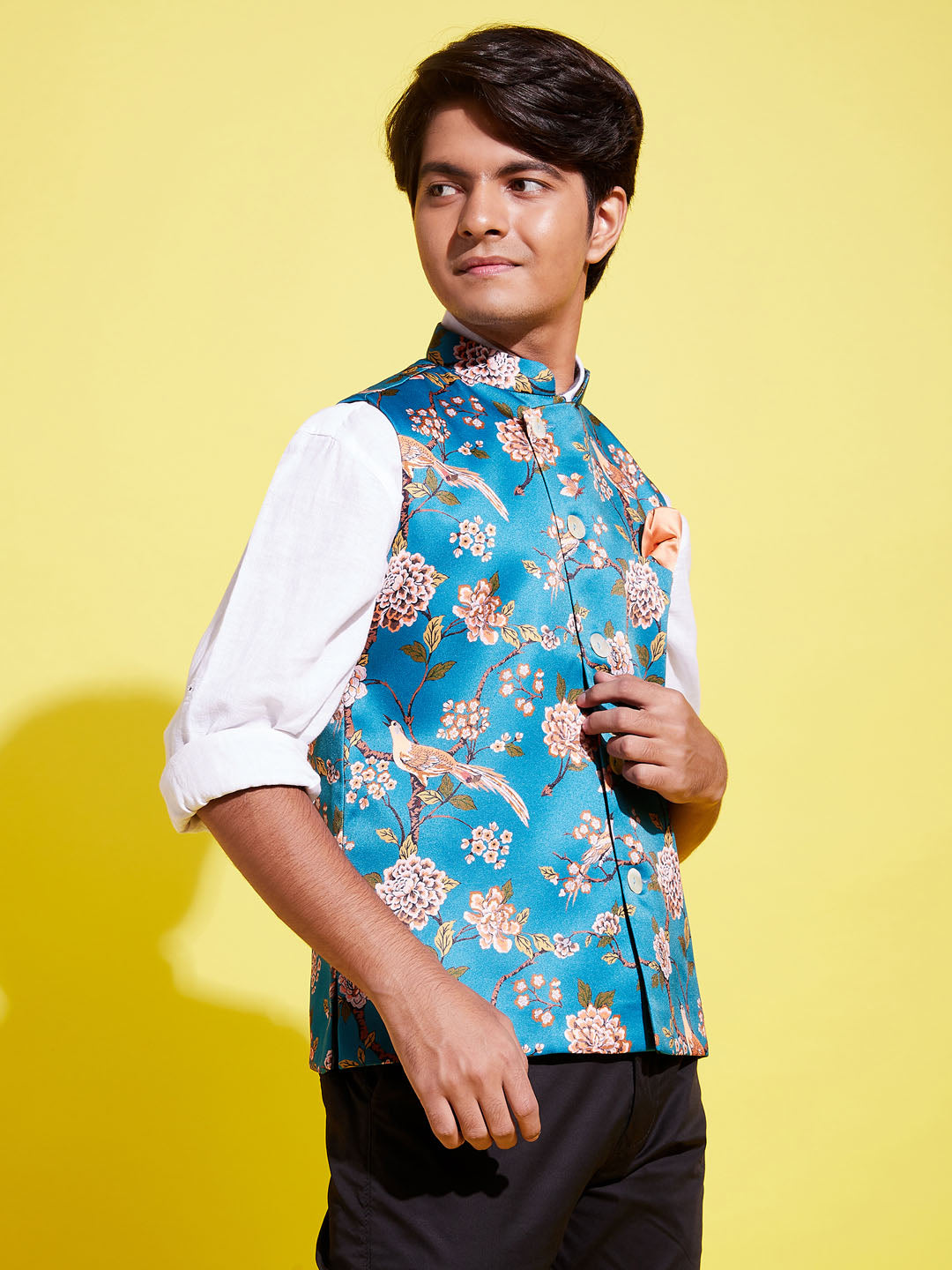 Boy's Multicolor-Base-Peach Floral Printed Nehru Jacket