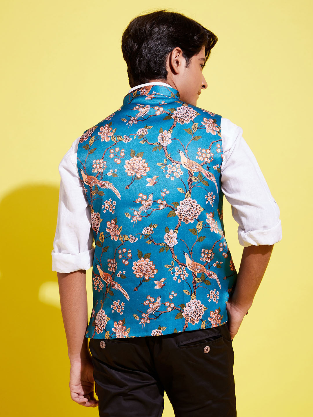 Boy's Multicolor-Base-Peach Floral Printed Nehru Jacket