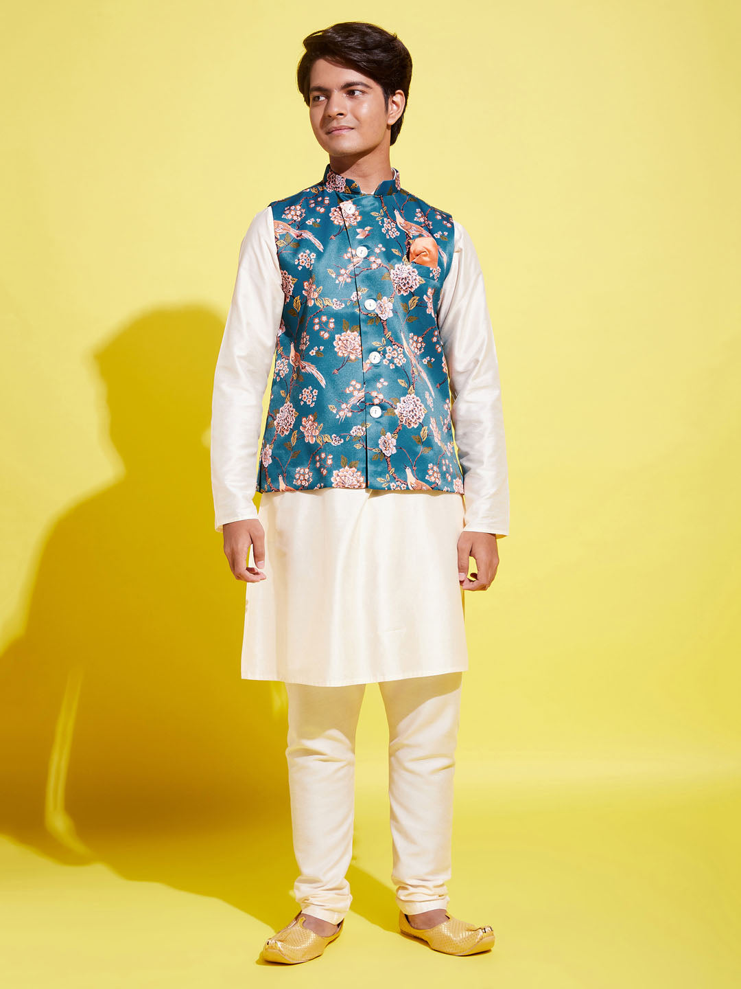 Boy's Turquoise Blue & Green Printed Nehru Jacket With Creamkurta And Pyjama Set