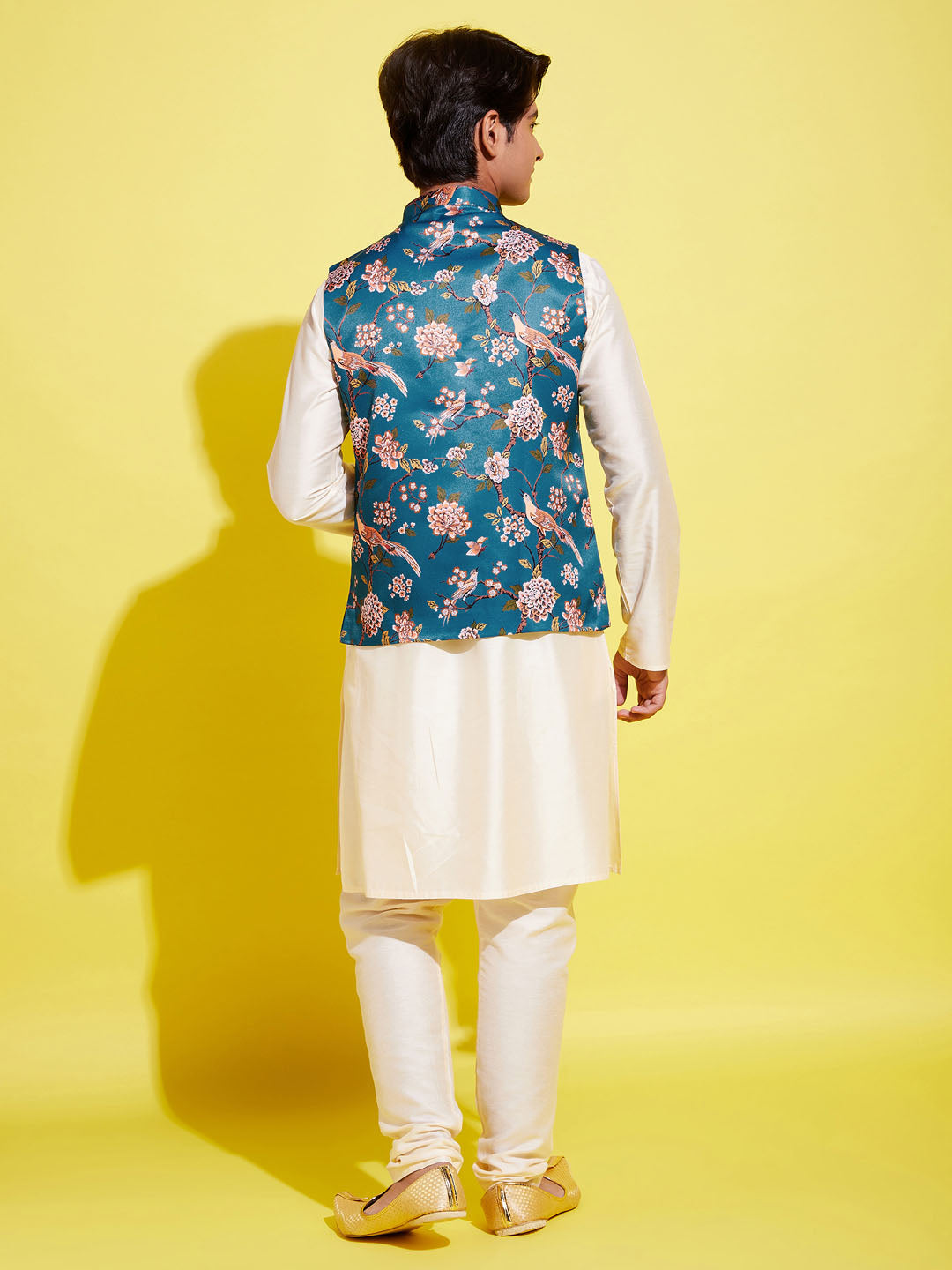 Boy's Turquoise Blue & Green Printed Nehru Jacket With Creamkurta And Pyjama Set