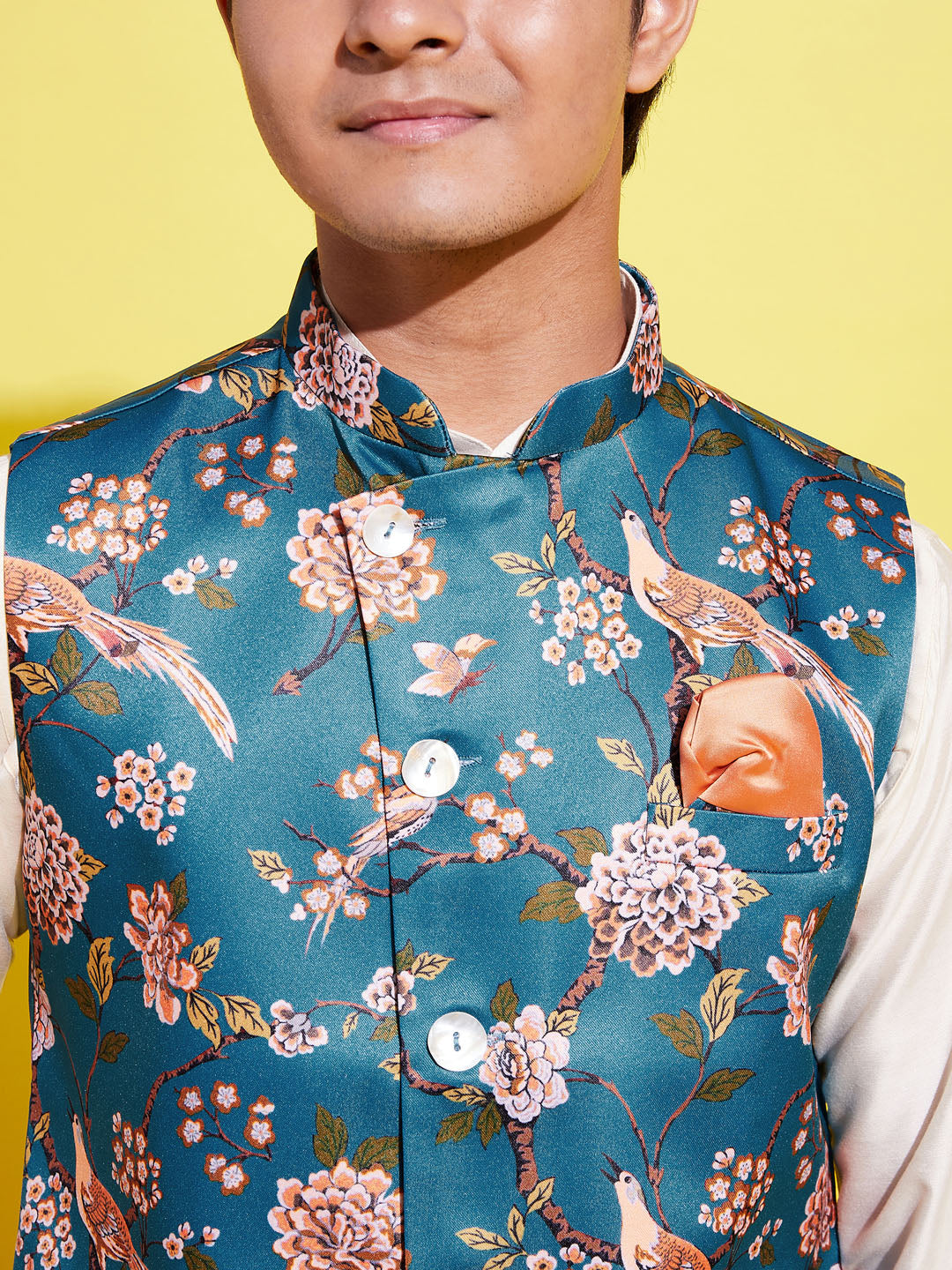 Boy's Turquoise Blue & Green Printed Nehru Jacket With Creamkurta And Pyjama Set