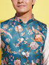 Boy's Turquoise Blue & Green Printed Nehru Jacket With Creamkurta And Pyjama Set
