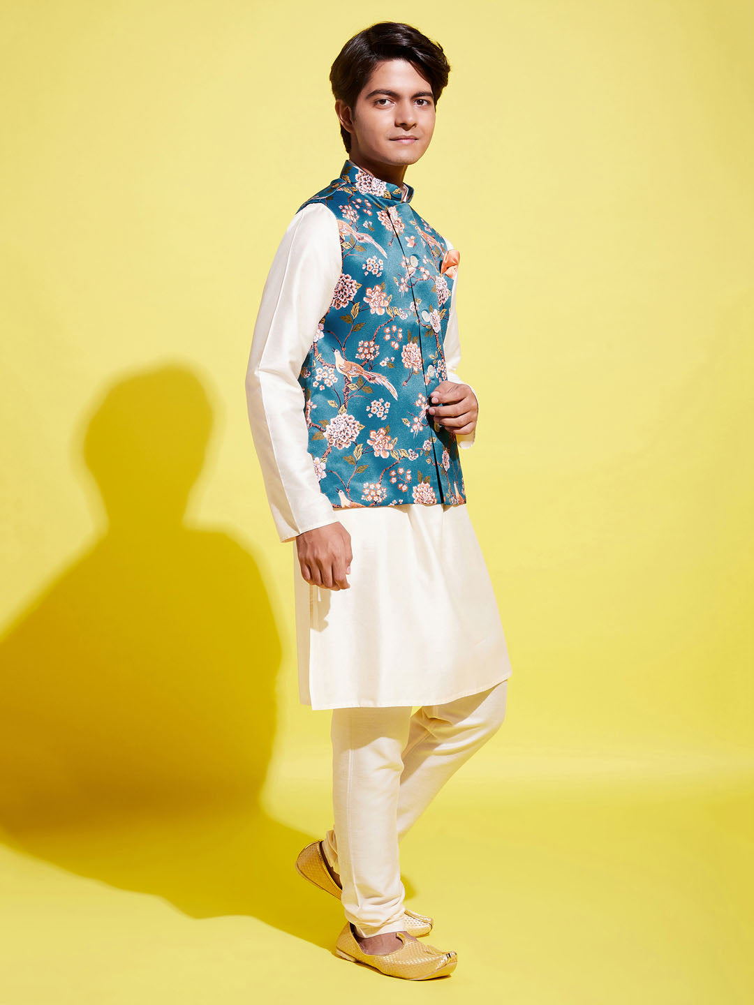 Boy's Turquoise Blue & Green Printed Nehru Jacket With Creamkurta And Pyjama Set