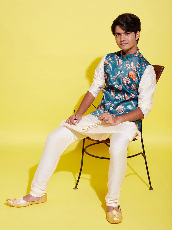 Boy's Turquoise Blue & Green Printed Nehru Jacket With Creamkurta And Pyjama Set