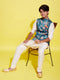 Boy's Turquoise Blue & Green Printed Nehru Jacket With Creamkurta And Pyjama Set