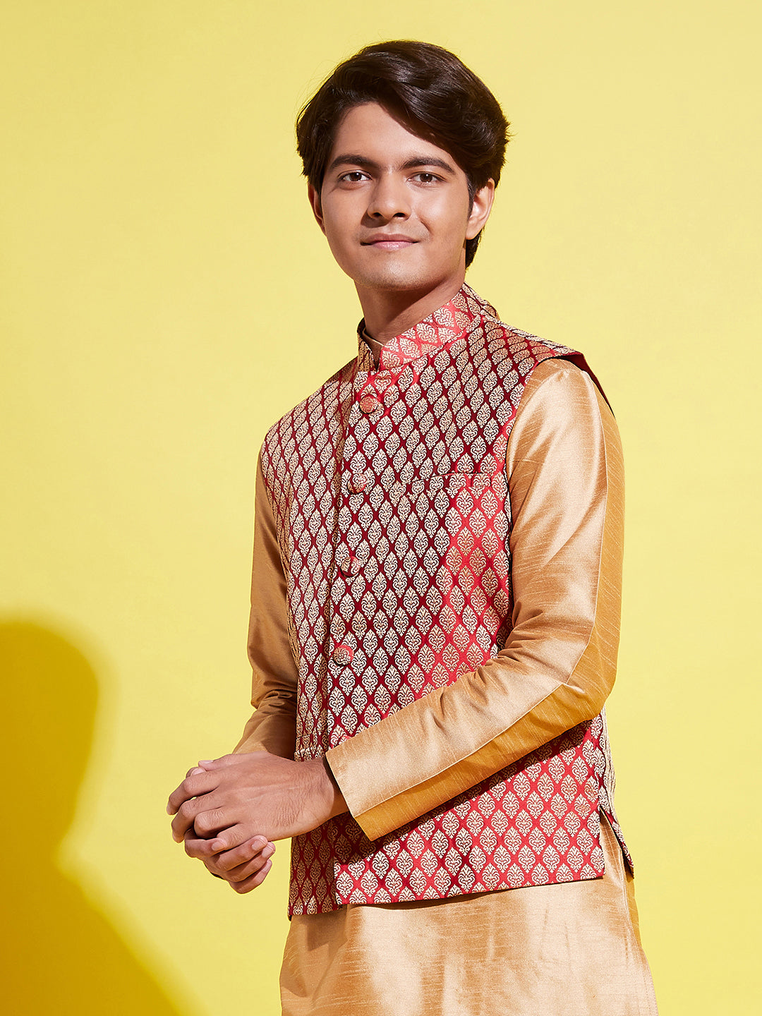 Boy's' Maroon Woven Design Silk Blend Nehru Jacket