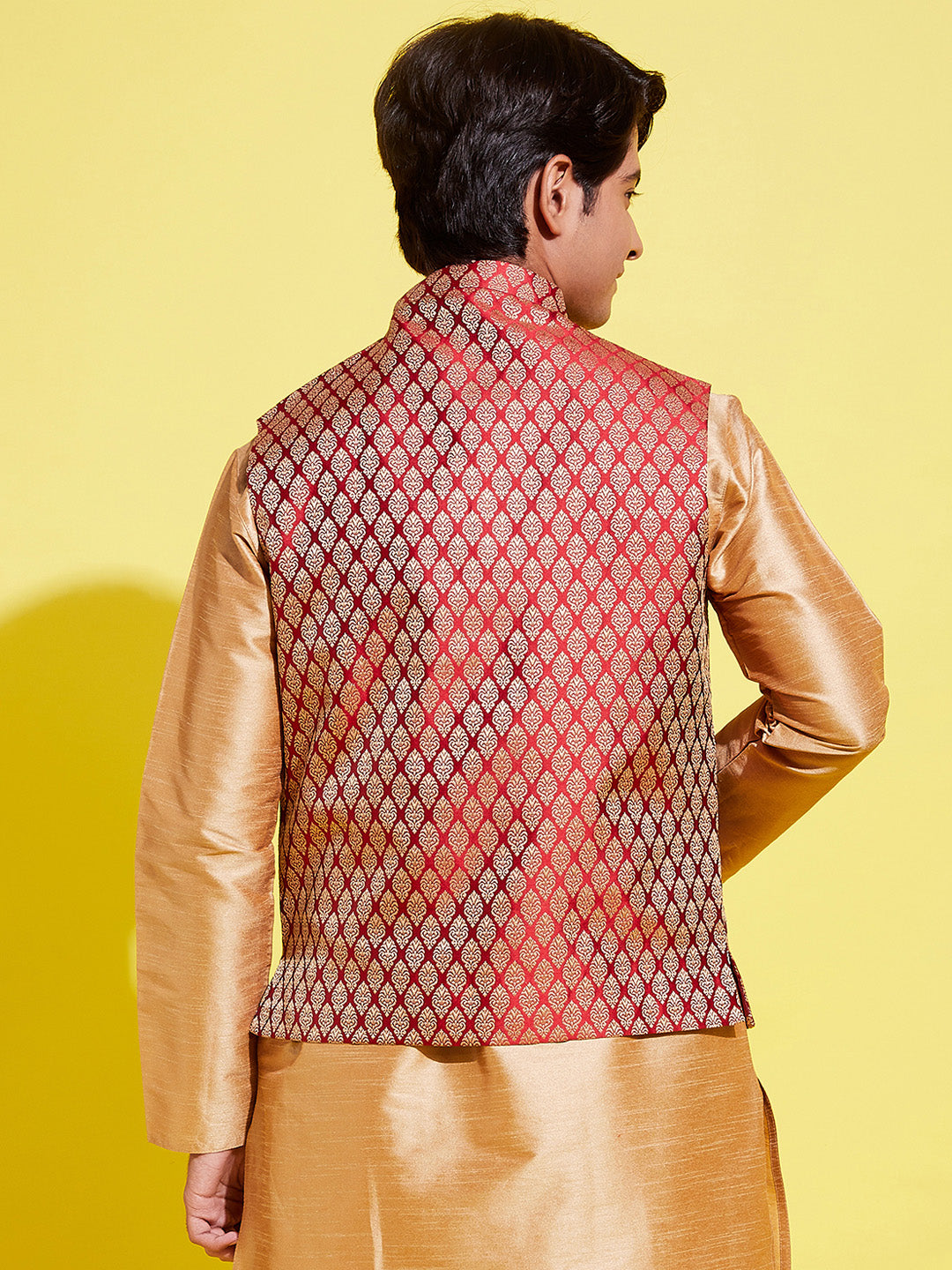 Boy's' Maroon Woven Design Silk Blend Nehru Jacket