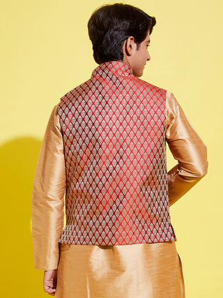 YUVA BY VASTRAMAY Boys' Maroon Woven Design Silk Blend Nehru Jackets