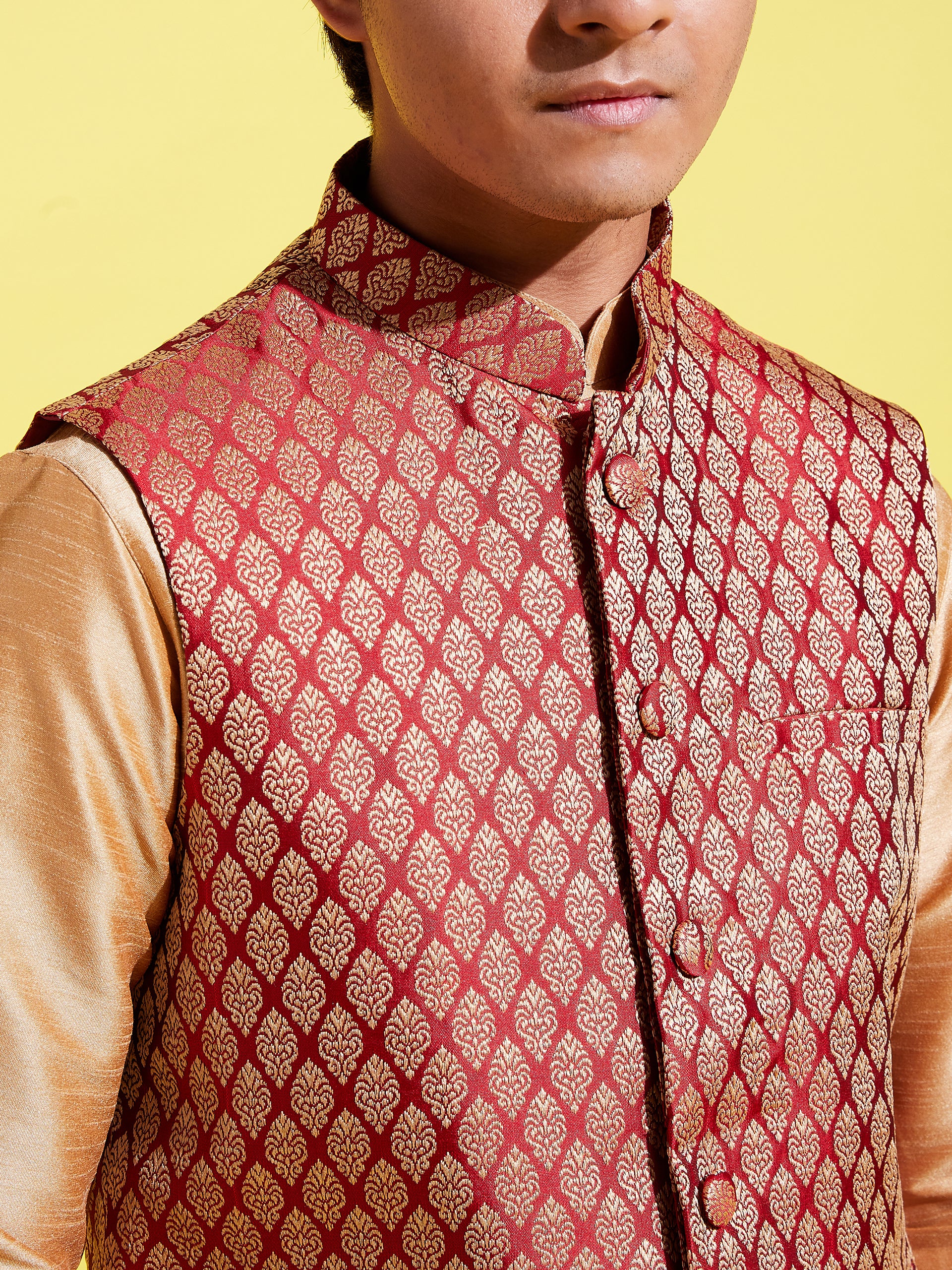 Boy's' Maroon Woven Design Silk Blend Nehru Jacket