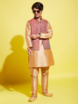 YUVA BY VASTRAMAY Boys' Maroon Woven Design Silk Blend Nehru Jackets
