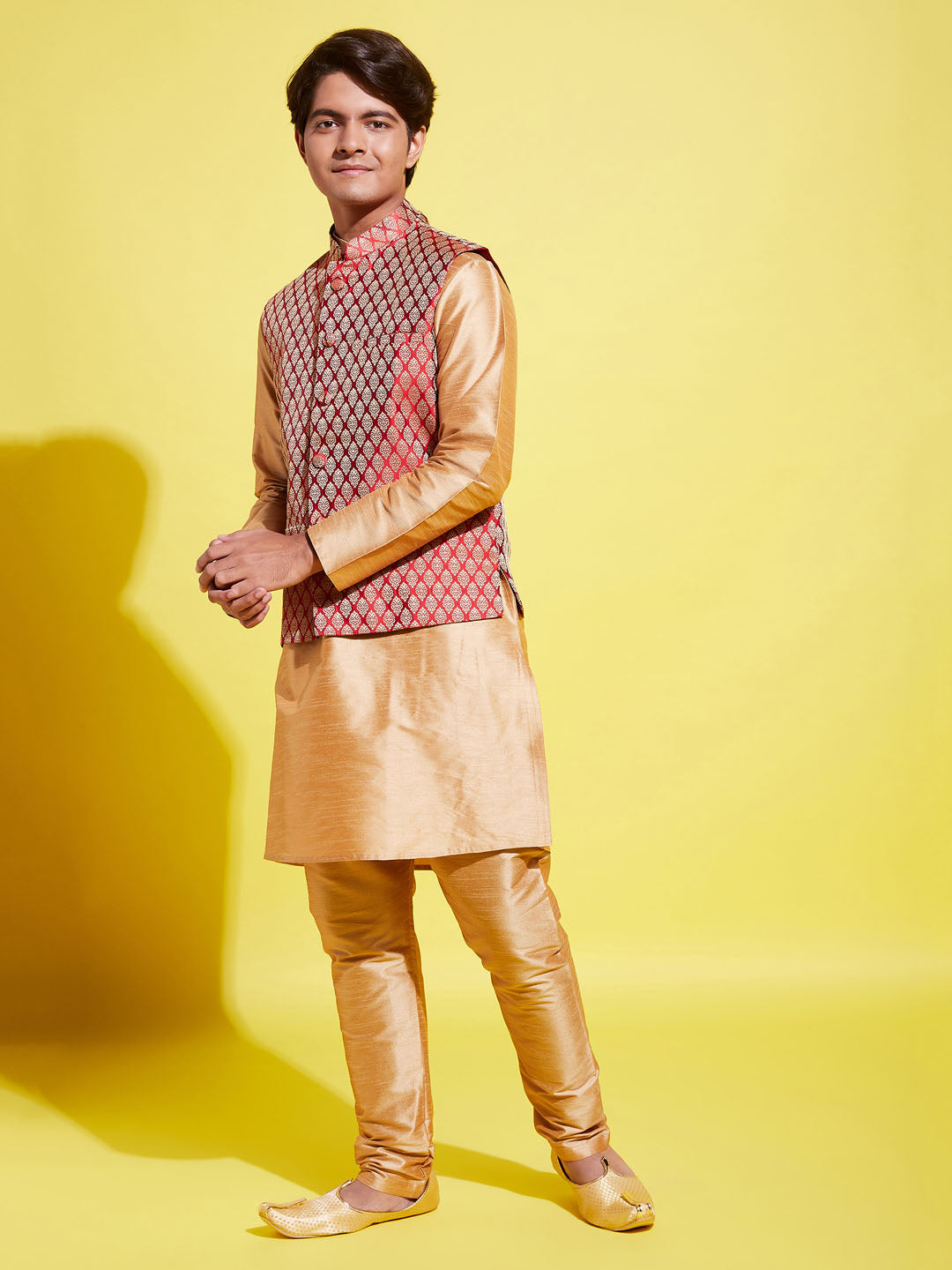 Boy's' Rose Gold Silk Blend Kurt Pyjama And Maroon Nehru Jacket Set