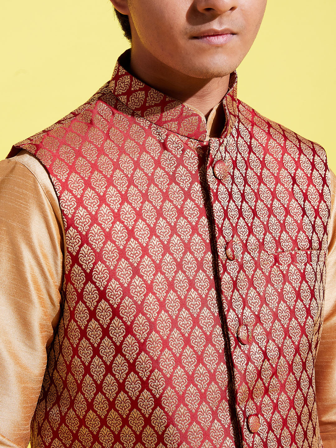 Boy's' Rose Gold Silk Blend Kurt Pyjama And Maroon Nehru Jacket Set