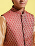 Boy's' Rose Gold Silk Blend Kurt Pyjama And Maroon Nehru Jacket Set