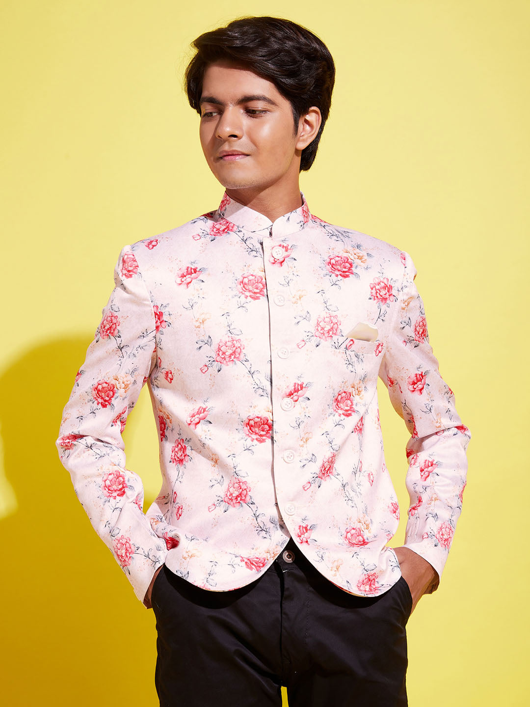 Floral Printed Peach Bandhgala Prince Coat Jodhpuri