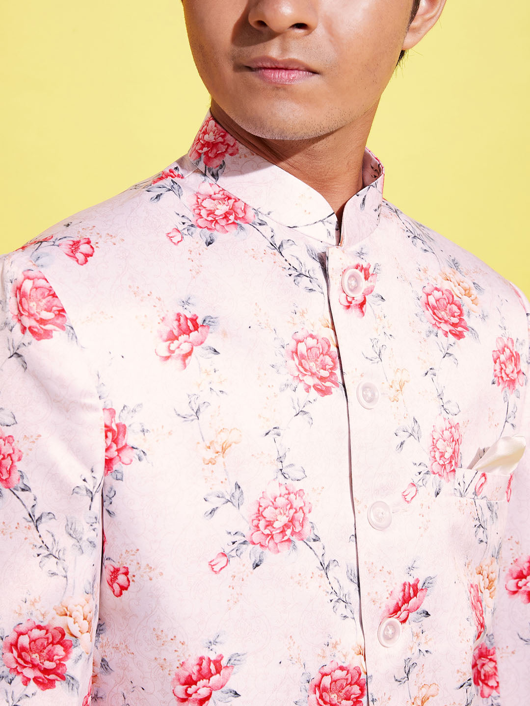 Floral Printed Peach Bandhgala Prince Coat Jodhpuri