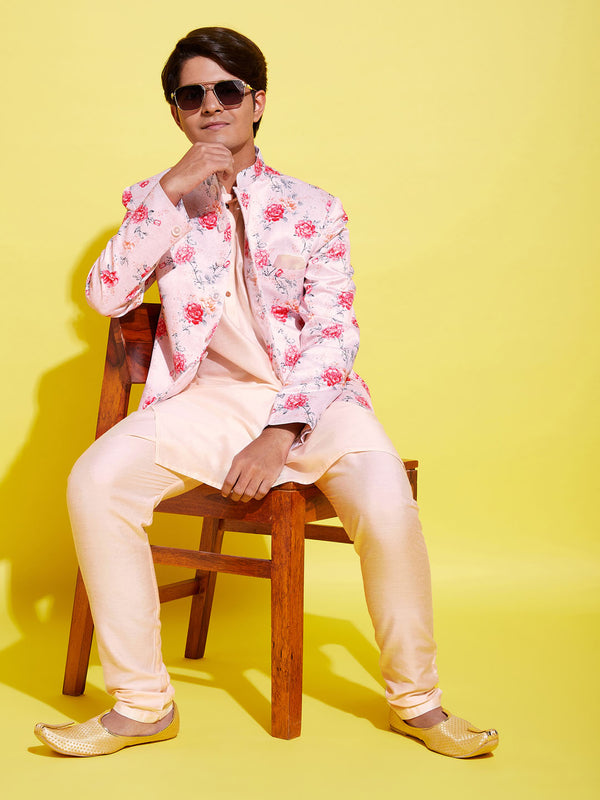 Floral Printed Peach Bandhgala Prince Coat Jodhpuri With Cream Kurta Pyjama Set