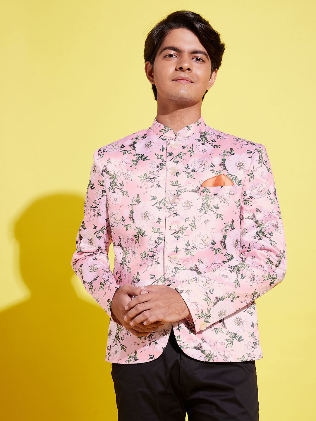 Boy's Floral Printed Pink Bandhgala Prince Coat Jodhpuri
