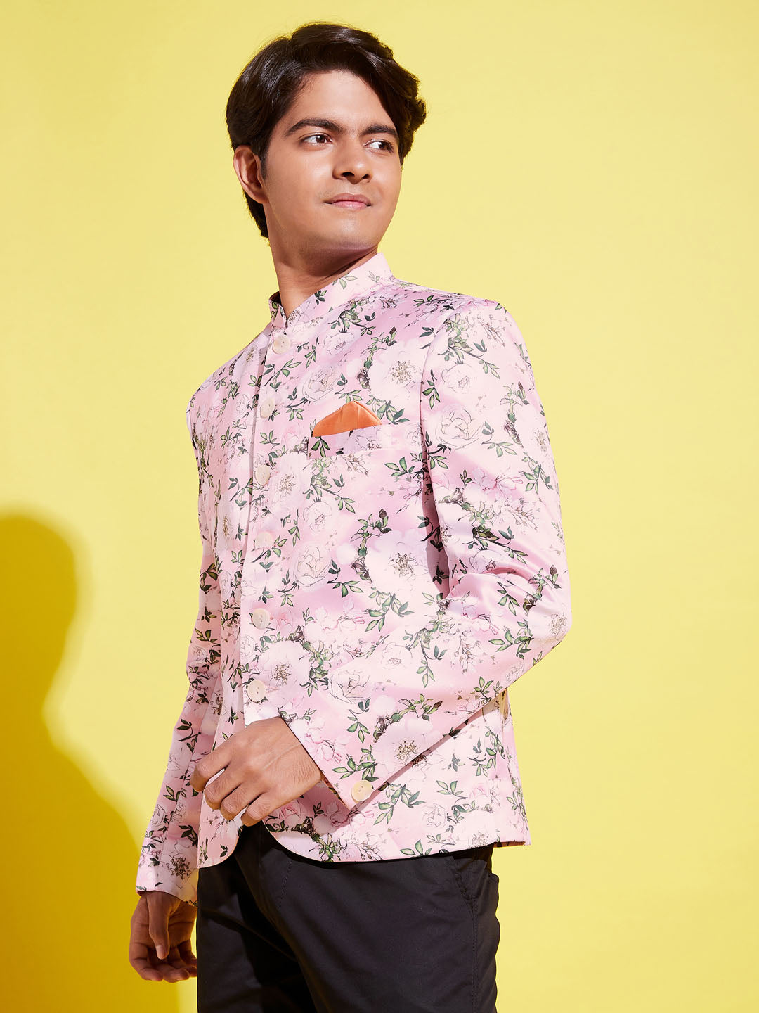 Boy's Floral Printed Pink Bandhgala Prince Coat Jodhpuri