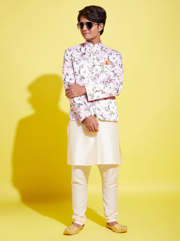 Floral Printed Pink Bandhgala Prince Coat Jodhpuri With Cream Kurta Pyjama Set