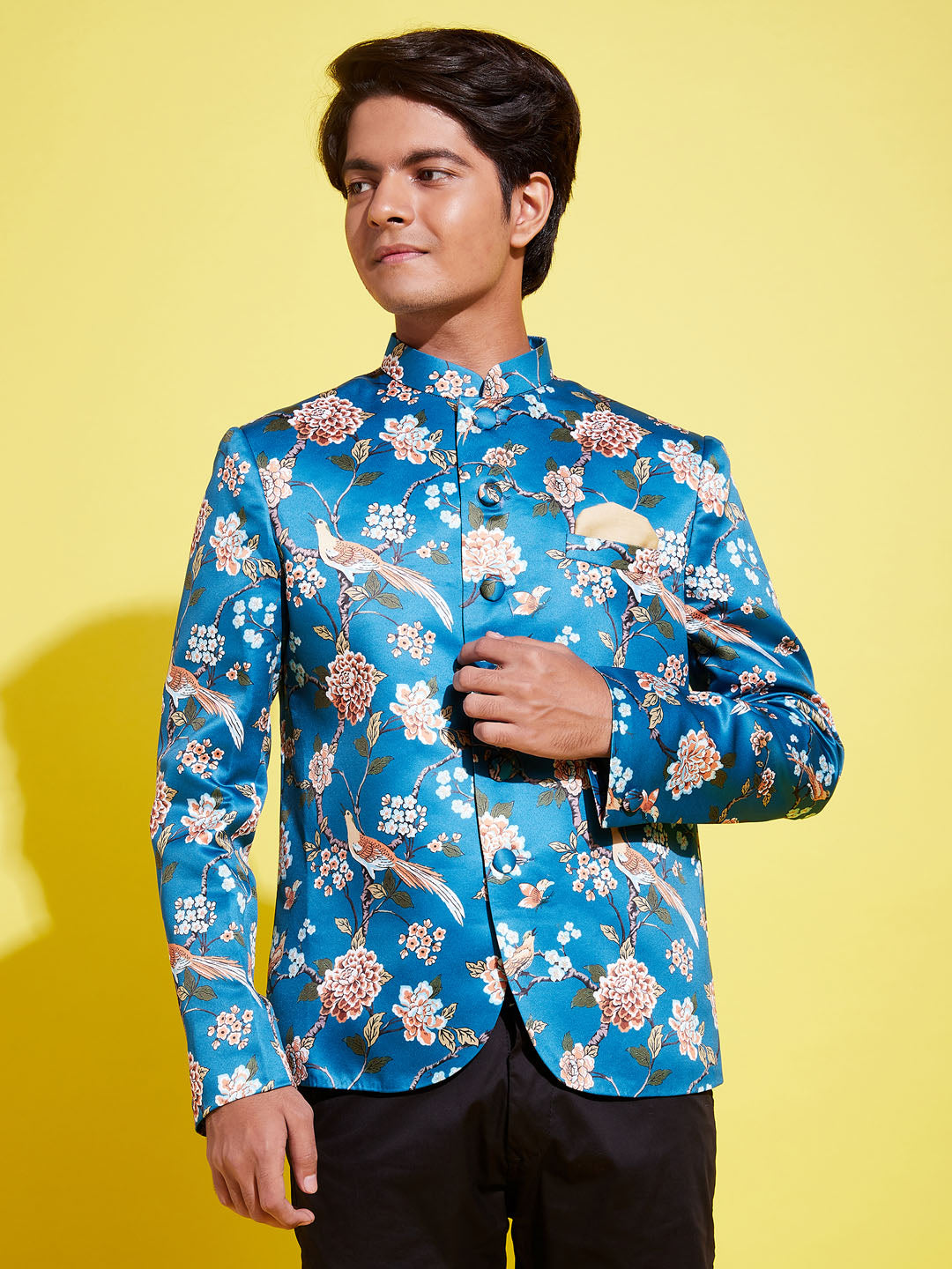 Boy's Turquoise Blue Printed Bandhgala Blazer