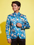 Boy's Turquoise Blue Printed Bandhgala Blazer