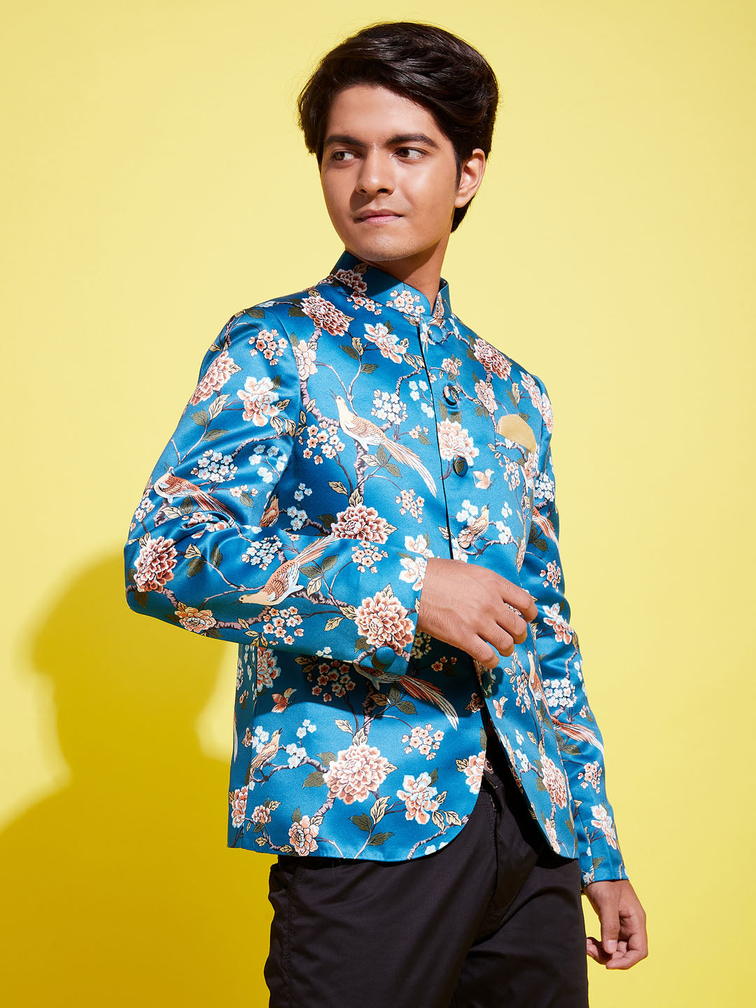 Boy's Turquoise Blue Printed Bandhgala Blazer