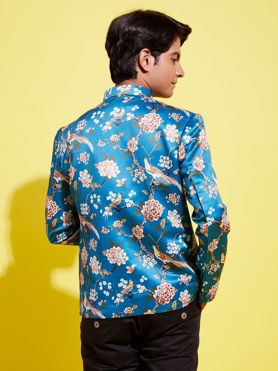 Boy's Turquoise Blue Printed Bandhgala Blazer