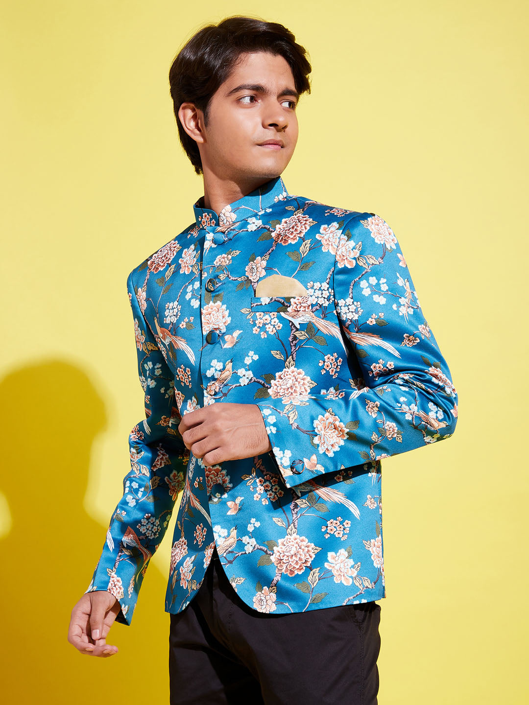 Boy's Turquoise Blue Printed Bandhgala Blazer