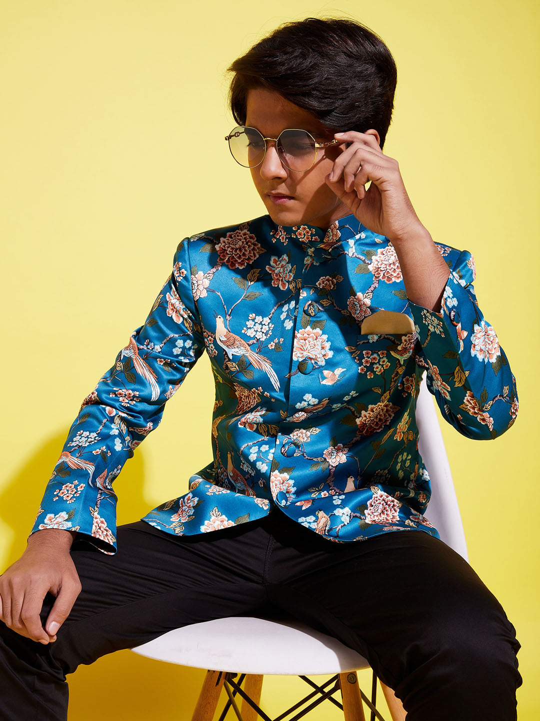 Boy's Turquoise Blue Printed Bandhgala Blazer