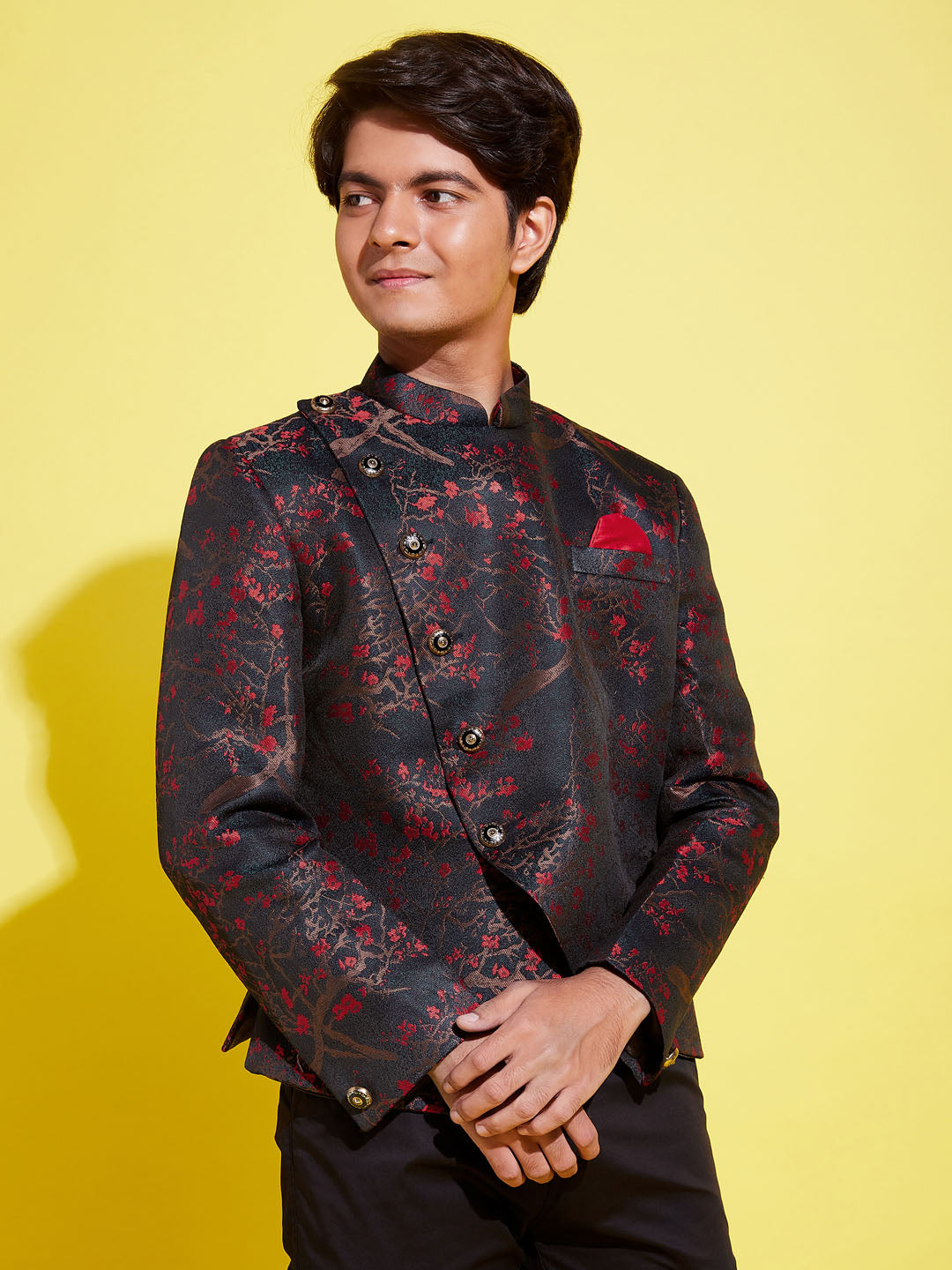 Boy's Maroon Woven Design Silk Blend Bandhgala Blazer