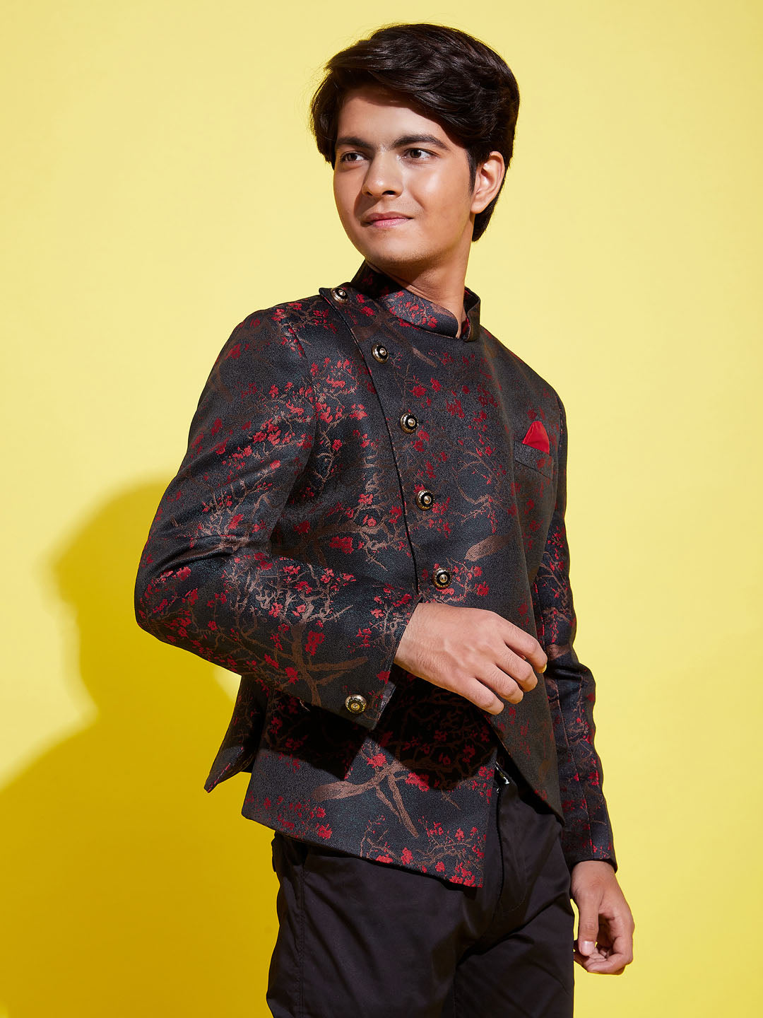Boy's Maroon Woven Design Silk Blend Bandhgala Blazer