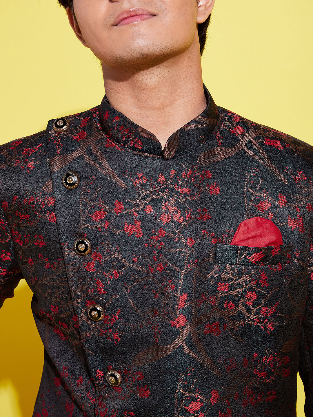 Boy's Maroon Woven Design Silk Blend Bandhgala Blazer