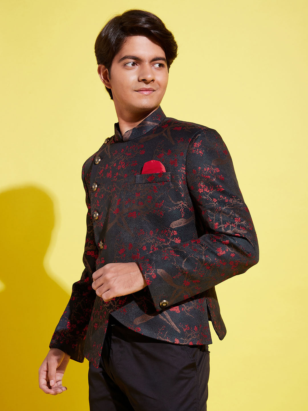 Boy's Maroon Woven Design Silk Blend Bandhgala Blazer