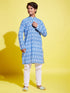 Boy's Traditional Ikkat Print Flat Collar Kurta And Pyjama Set