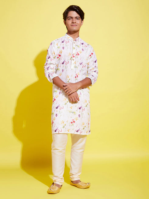 Boy's Printed Cream Cotton Blend Kurta And Pyjama Set
