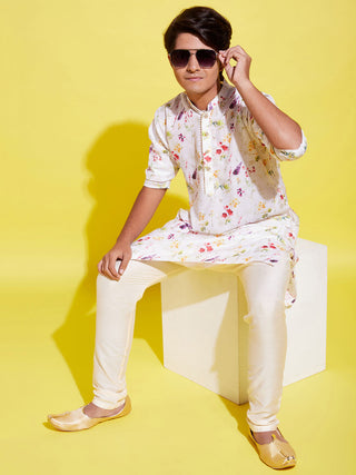 YUVA BY VASTRAMAY Boy's Printed Cream Cotton Blend Kurta and Pyjama Set
