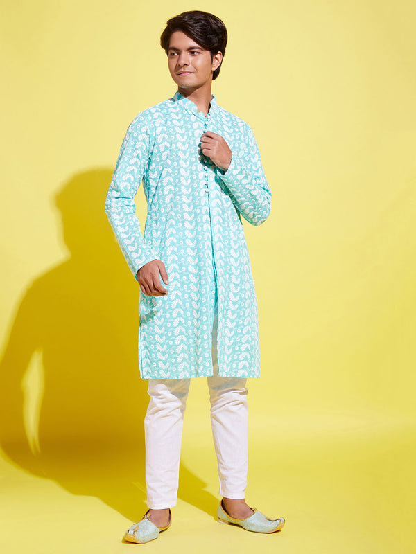 Boy's Green Chikankari Kurta With White Pyjama Set