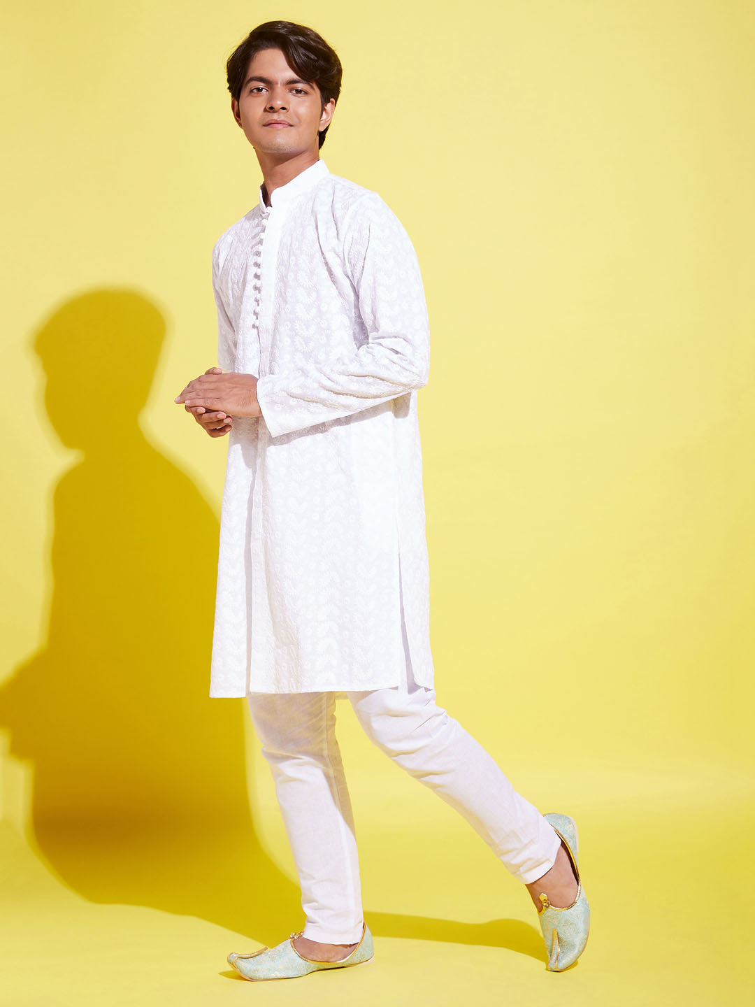 Boy's White Embroidered Kurta With Pyjama Set