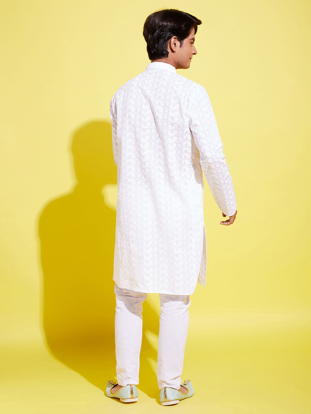 Boy's White Embroidered Kurta With Pyjama Set